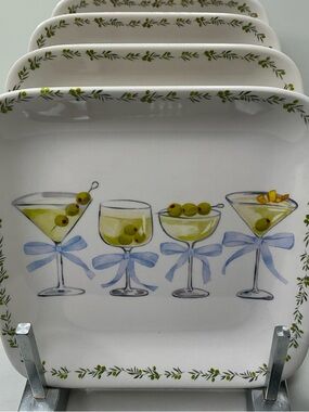 4 Rachel Zoe Square Appetizer  Plates Cocktails & Bows Melamine 6” New